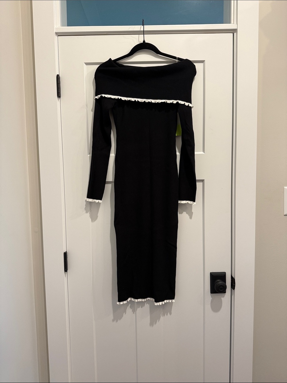 Better Be Black Off-Shoulder Long Sleeve Midi Dress with White Trim